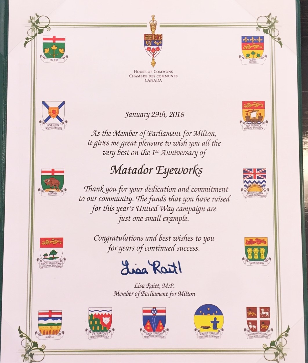 United Way Milton certificate by Lisa Raitt