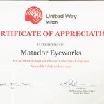 United Way Milton Certificate of Appreciation
